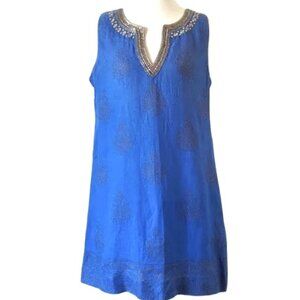 Soft Surroundings blue and gold linen dress with Morrocan style embroidery